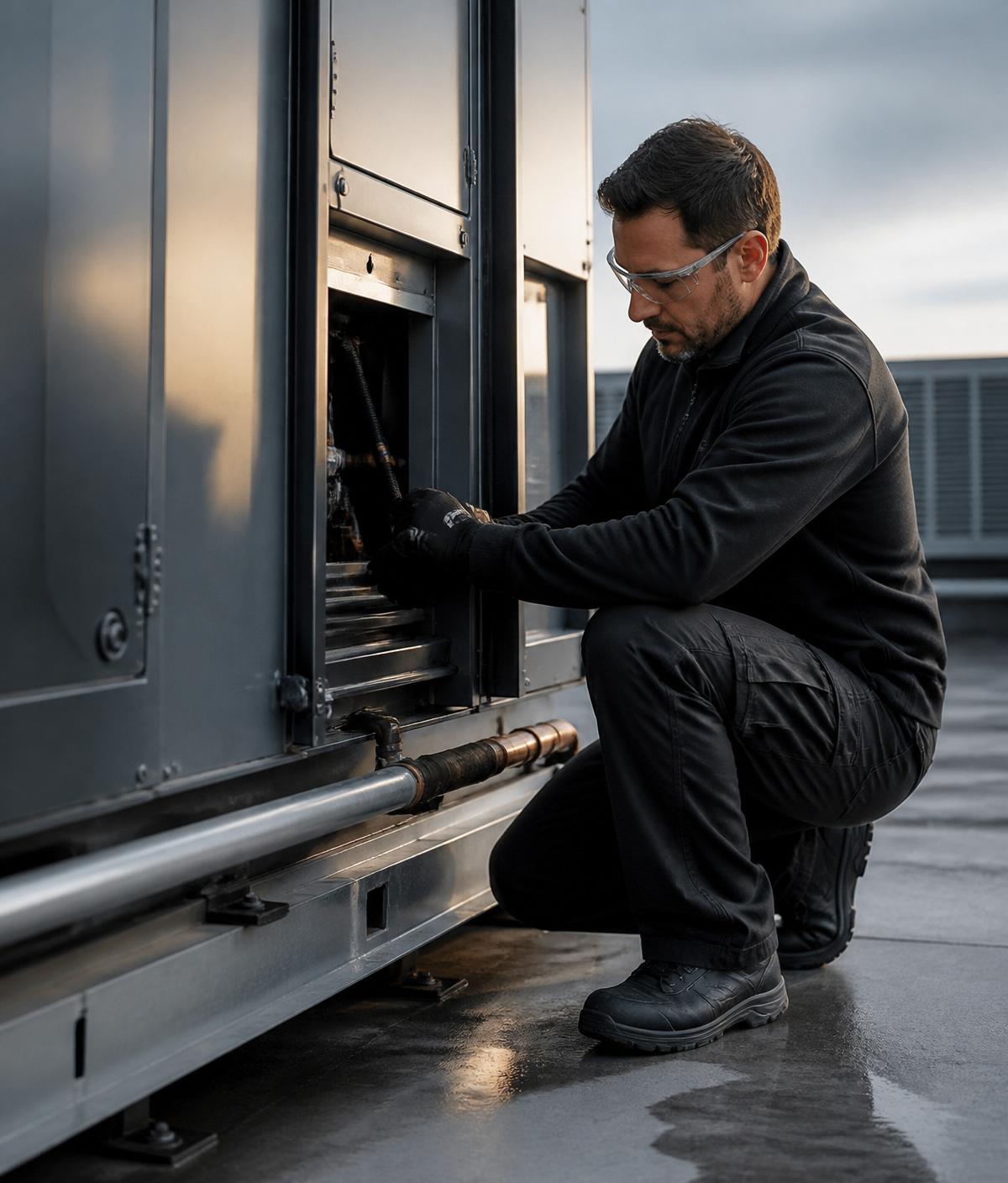 Technician servicing rooftop HVAC equipment on a commercial building