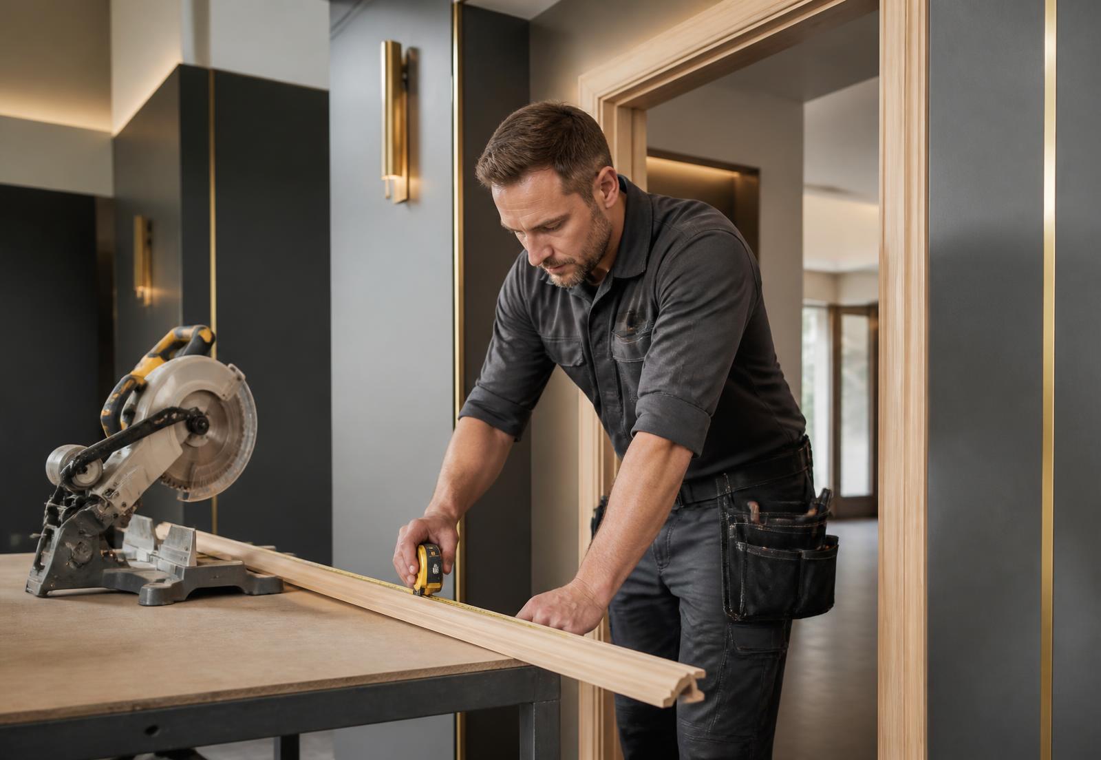 Carpenter measuring wood trim with a tape measure next to a mitre saw