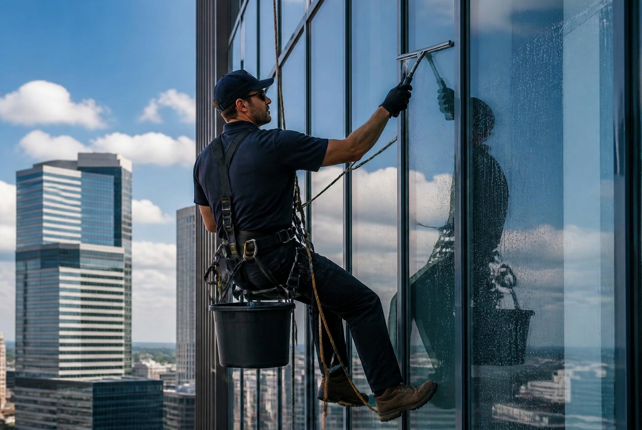 Trained rope-access technician cleaning the exterior glass facade of a commercial high-rise building