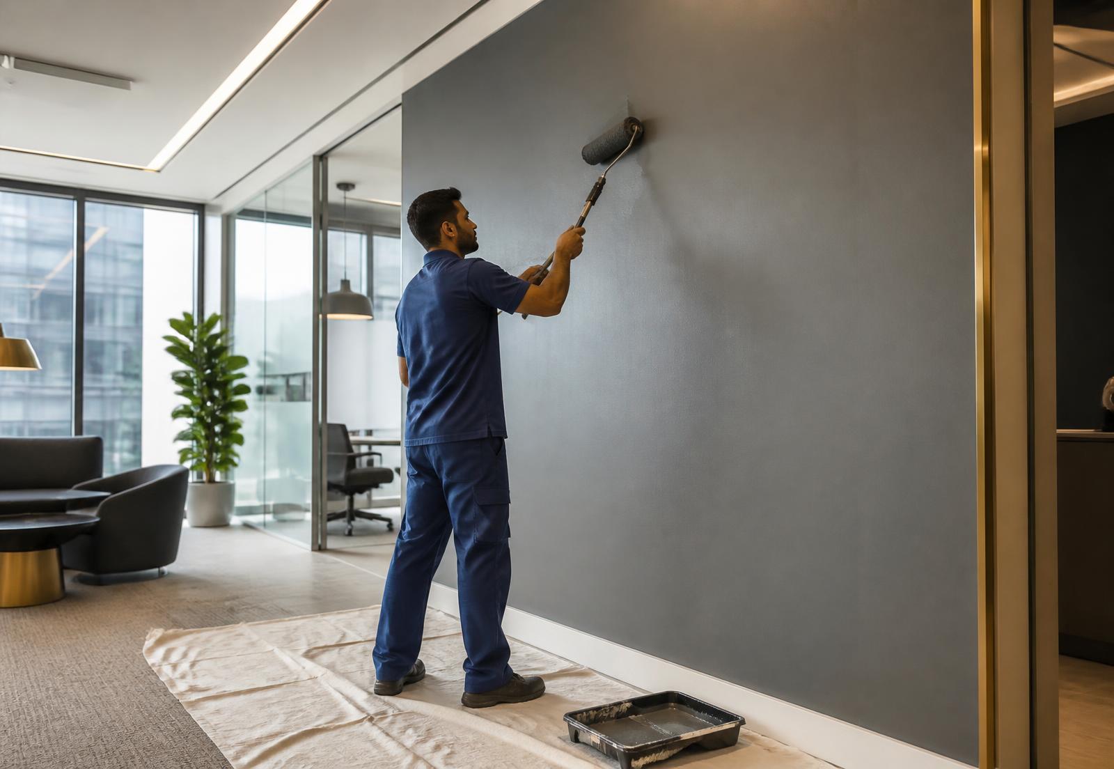 Professional painter applying grey paint to an office wall with a roller brush